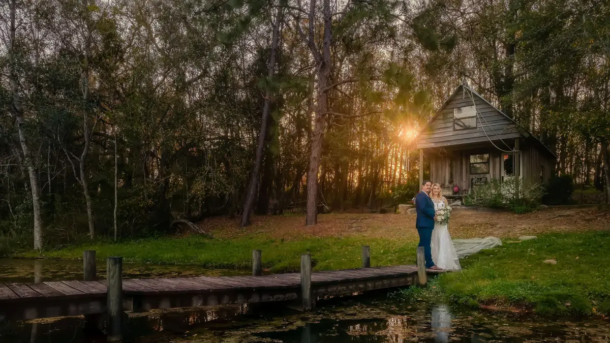 Sunset over the water and gazebo at Live Oak Plantation