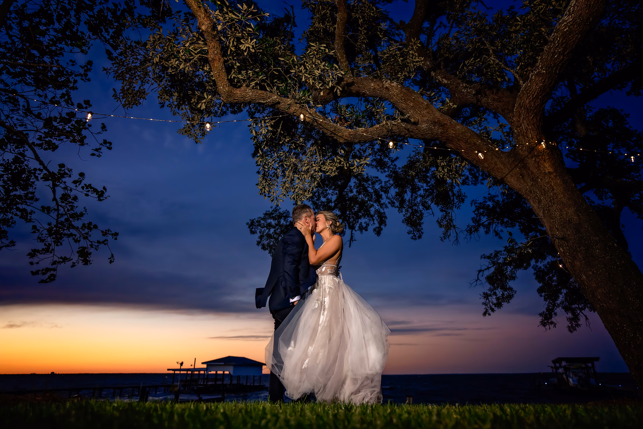 Couple beneath a great oak at dusk