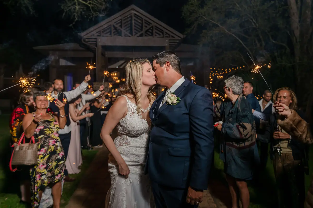 Evening celebration beneath string lights at Live Oak Plantation