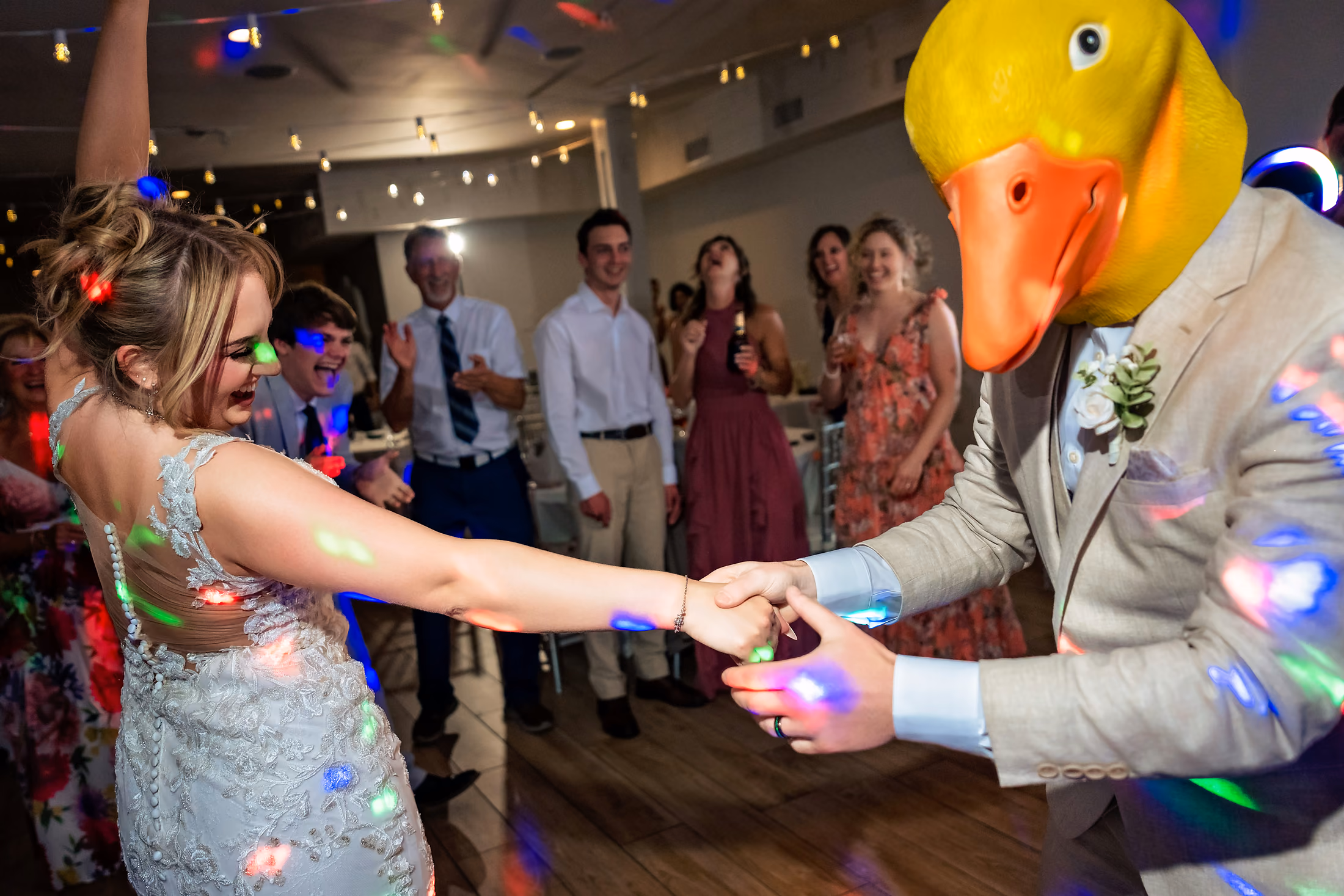 Playful reach for a balloon at the reception