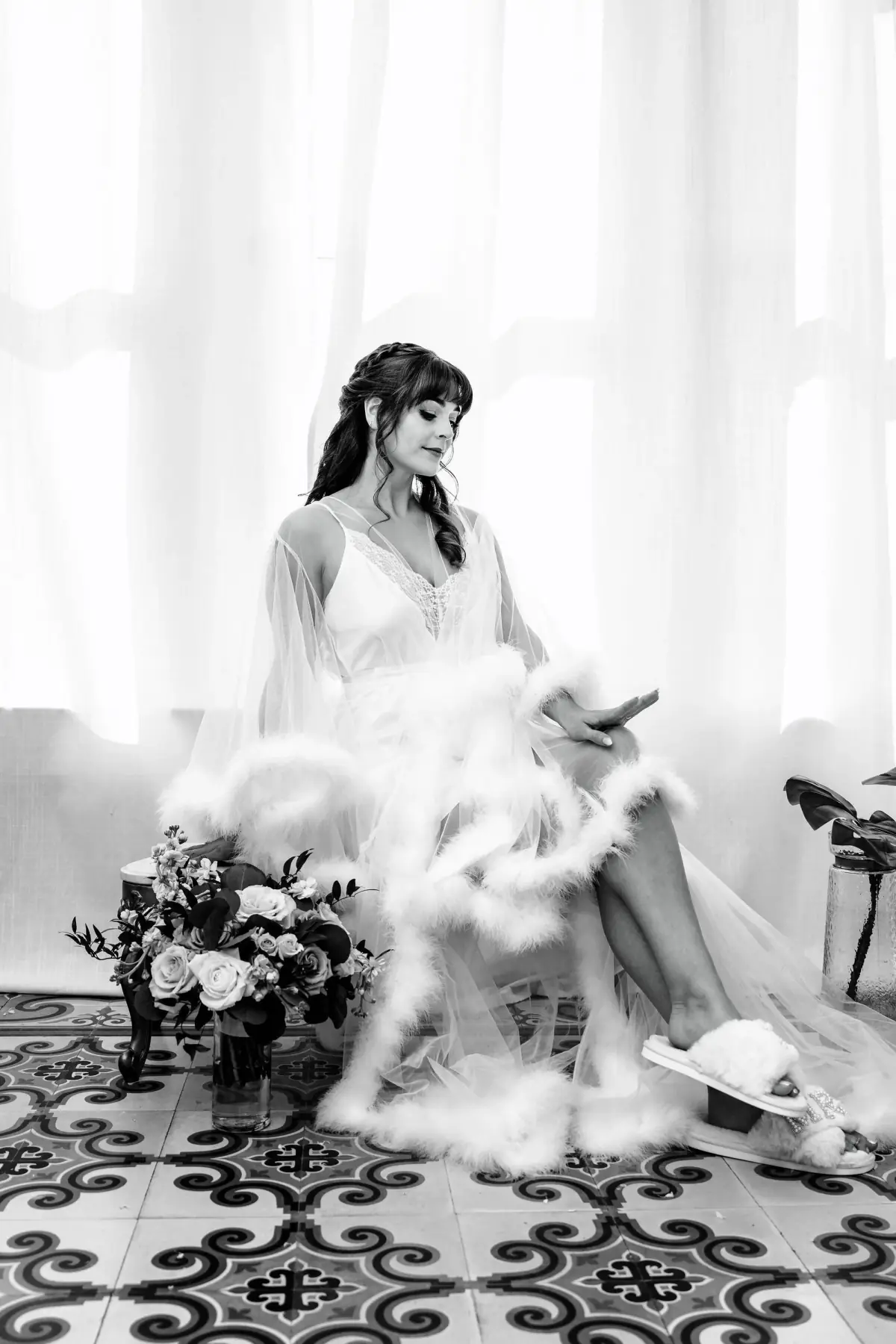 Black-and-white bride in window light