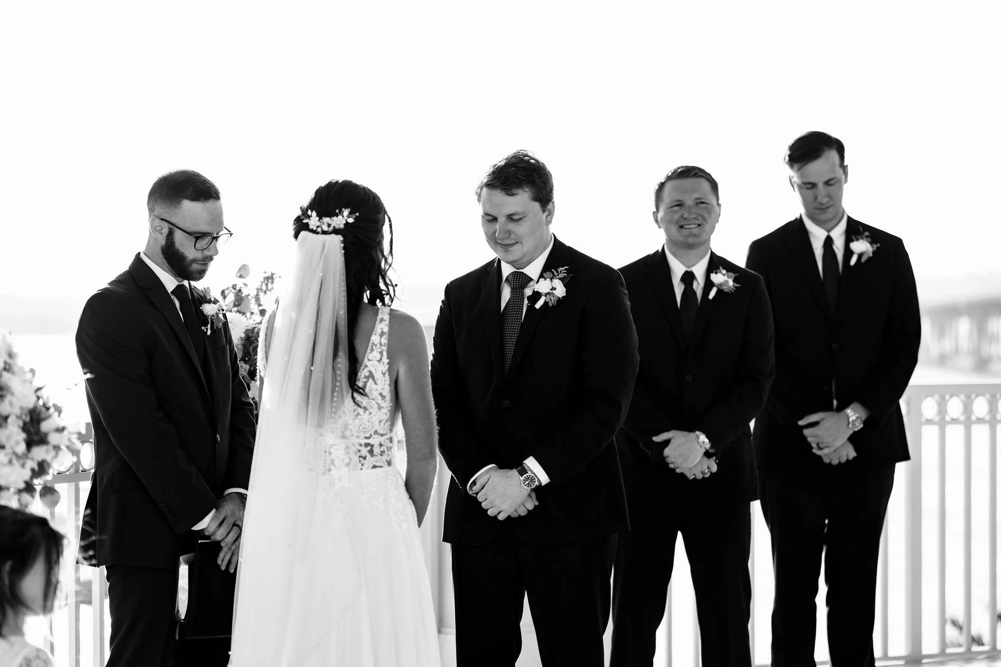 Black-and-white bridal party portrait