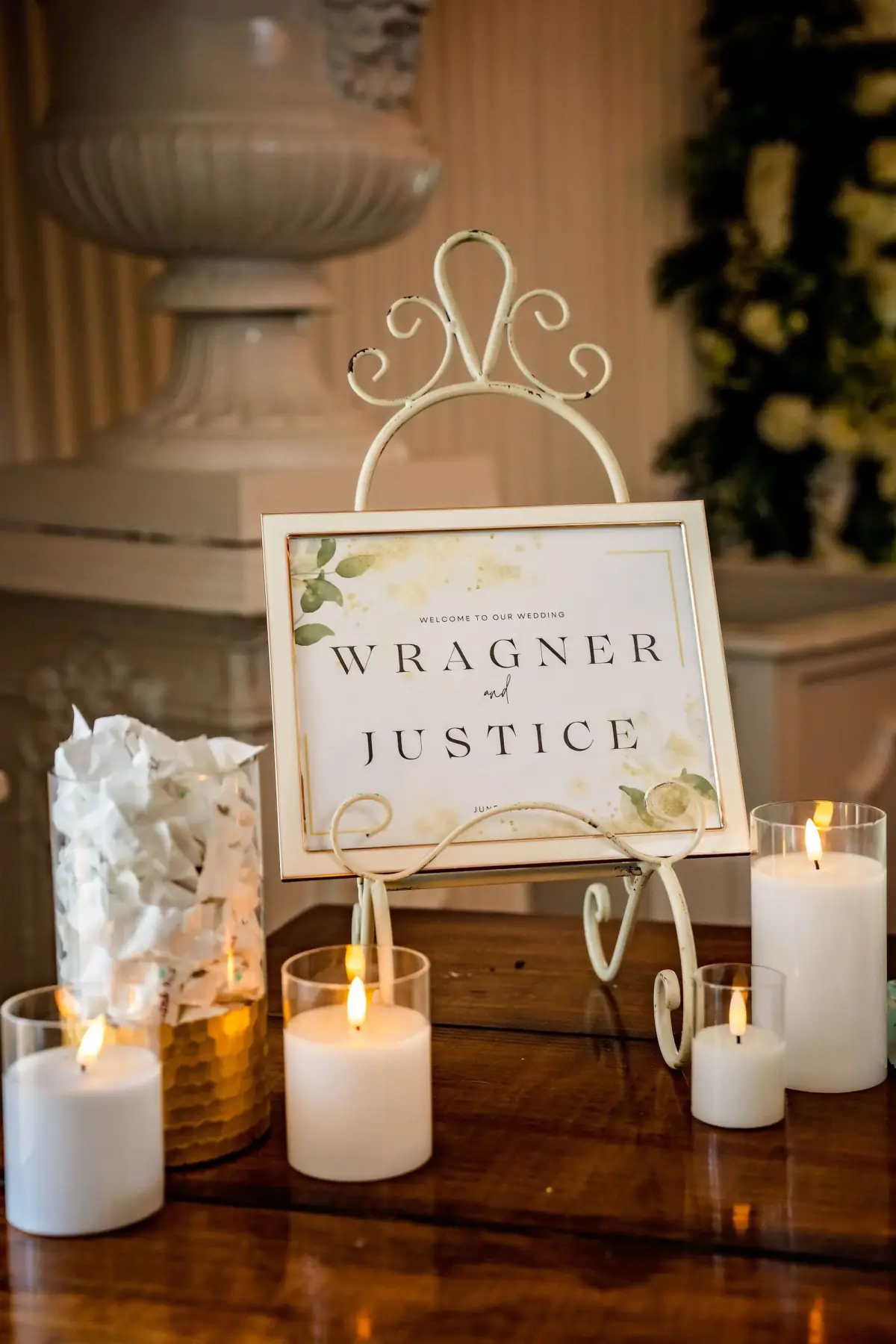 Candlelit welcome sign at the reception