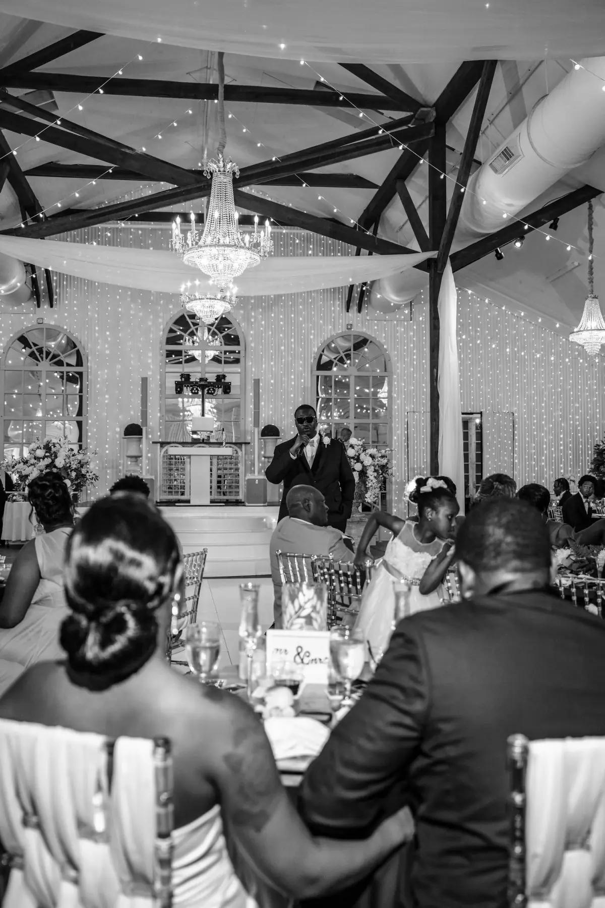 Black-and-white reception interior