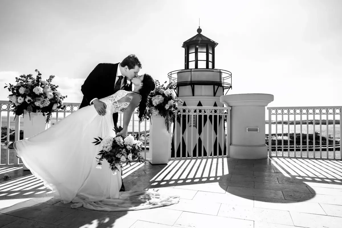 Black and white view of the white-columned estate and its cupola