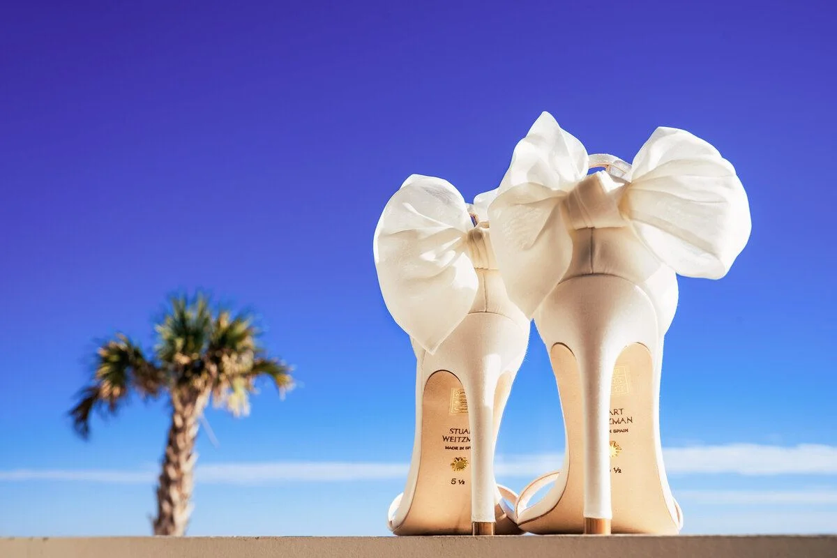 Pair of white elephant statues beside a single palm