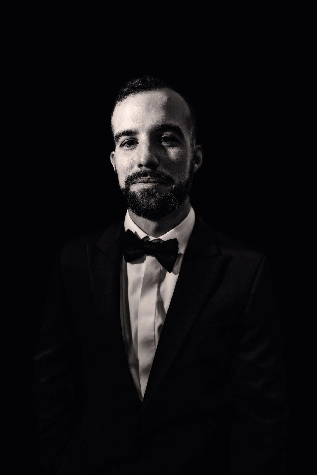 Portrait of the groom in a bow tie against deep shadow